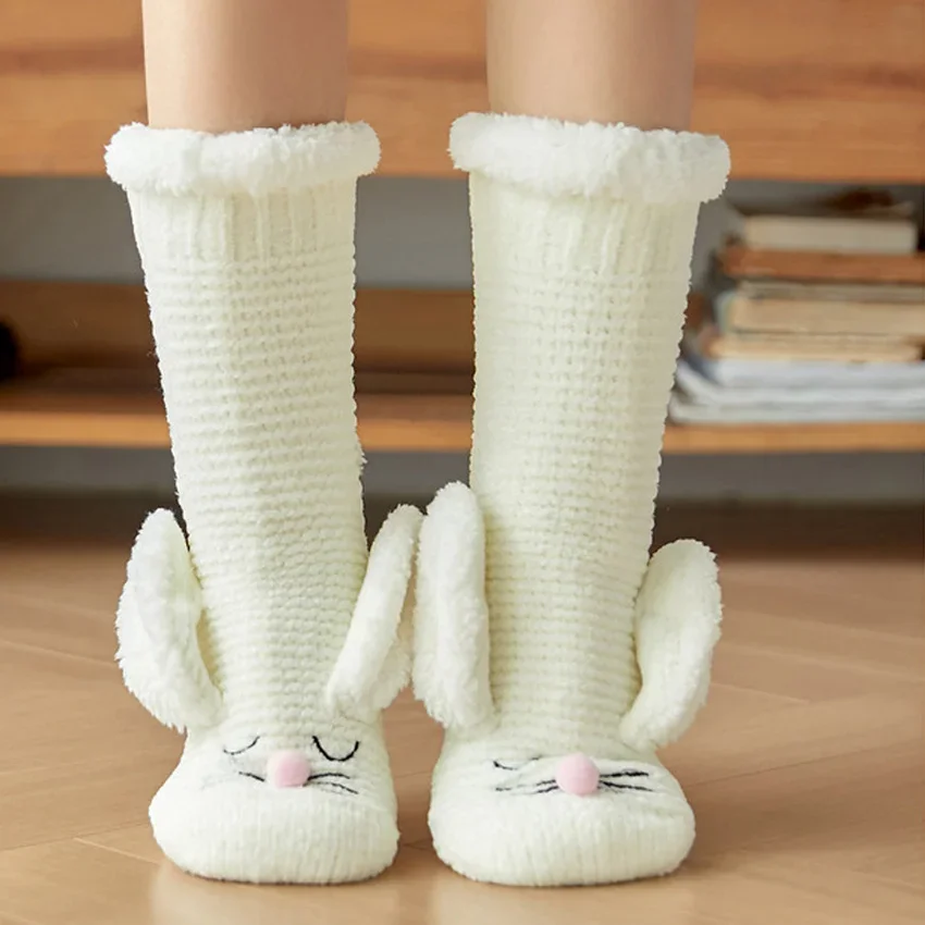 Fuzzy Slippers Socks thermal Women Winter Warm Plush Non Slip Grip Soft Female Rabbit Ear 3D Kawaii Funny Fluffy Floor Sock