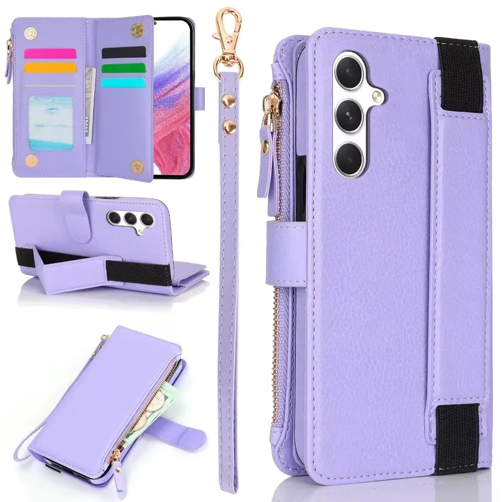 Zipper Wallet Card Holder Elastic Wrist Strap Phone Case For Samsung Galaxy A55 A15 A54 A53 A52S A52 A73 A72 A14 A13 5G A51 A71