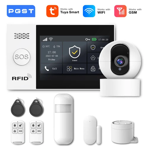 PGST 2G GSM Tuya inalámbrico WIFI en casa seguridad del hogar con Sensor Detector de movimiento sistema de alarma antirrobo Control por aplicación compatible con Alexa