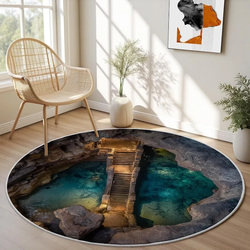 ثلاثية الأبعاد الوهم البصري بركة جيدا السجاد المستديرة مضحك ثقب حجر خطوات طباعة ديكور المنزل Floormat لينة عدم الانزلاق غرفة المعيشة البساط