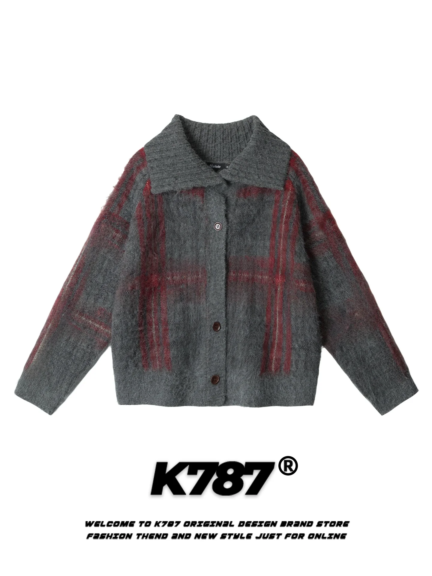 

Кардиган-свитер K787 в американском ретро-стиле с цветными блоками и воротником в клетку, женский, повседневный, свободный, теплый, антивозрастной, вязаный