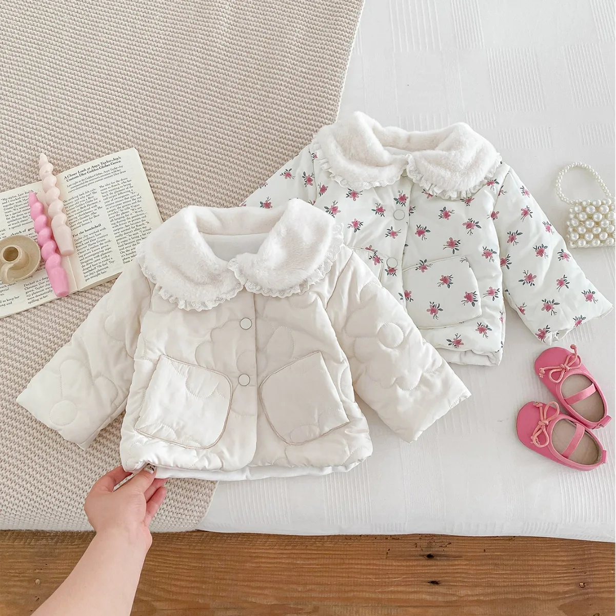 Winter 2024 Baby Girls Parkas Cotton Padded Hairy Collar Pocket Infant Girls Jacket Floral Warm Toddler Girls Outwear Coat