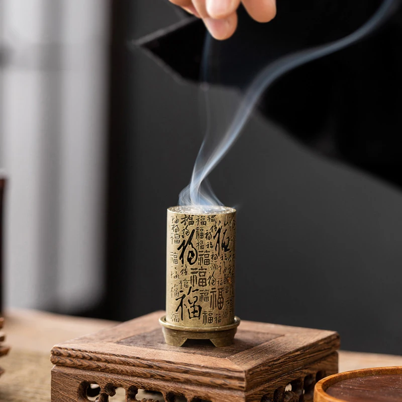 Cylindrical Vertical Incense Burner Small Alloy Incense Holder Indoor Aromatherapy Home Ornament Chinese Inense Burners