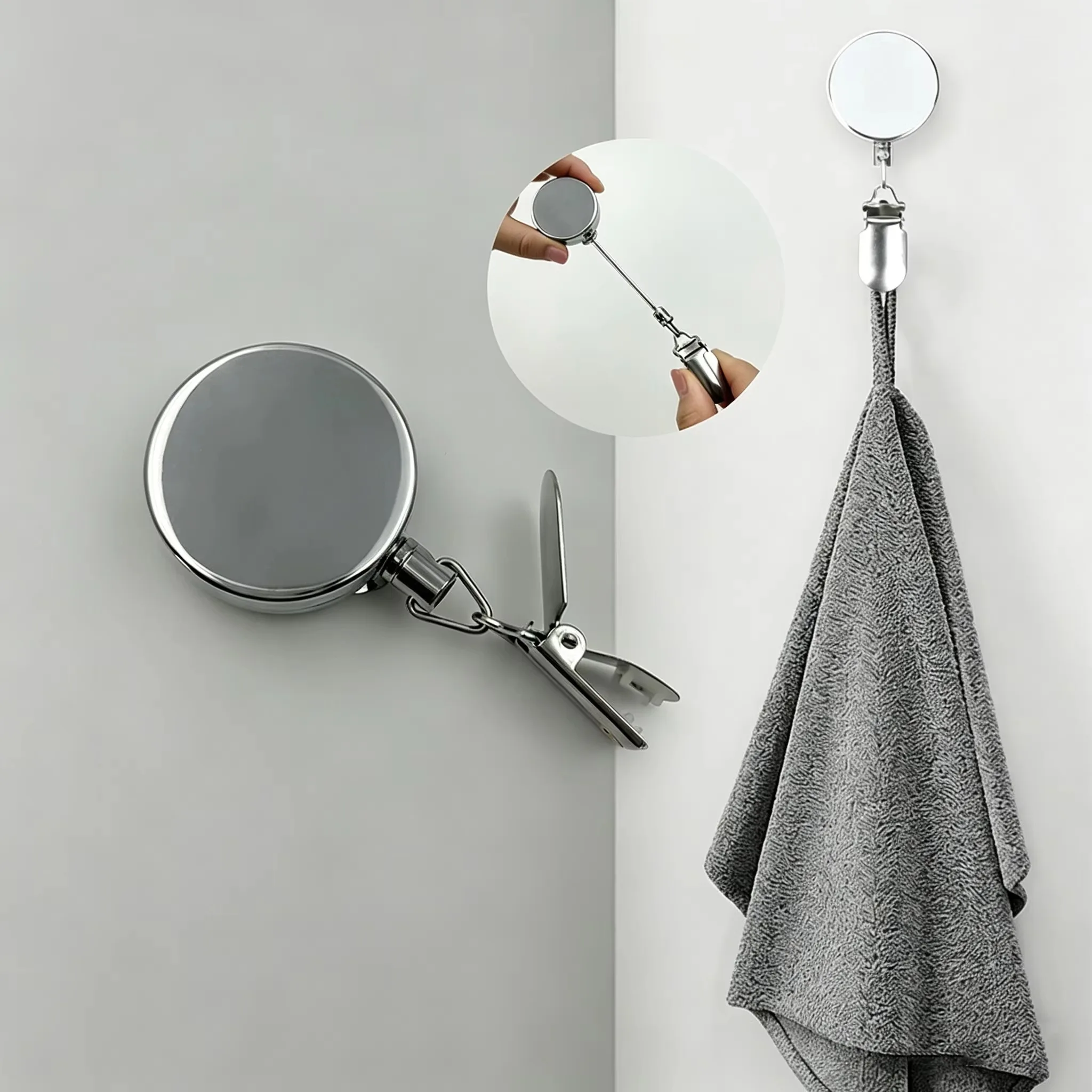 Automatic Extendable Towel Bar Stick On No Hole Wall Hanging Self Return Firm Grip Space Efficient for Bathroom KitchenOrganizer