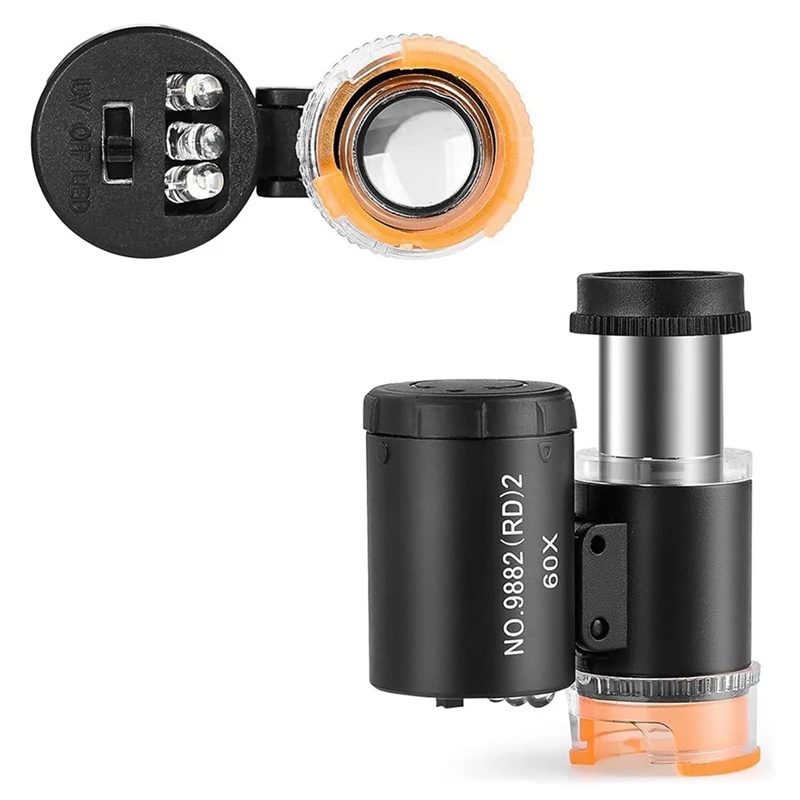 2 Set 60X Mini Pocket Microscope Jewelers Eye Loupe With LED UV Light Portable Magnifying Glass A