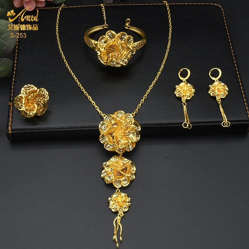 ANIID African Gold Color Jewelry Set For Women Indian Flower Long Necklace Earring Nigerian 24K Gold Plated Jewellery Dubai Wedd