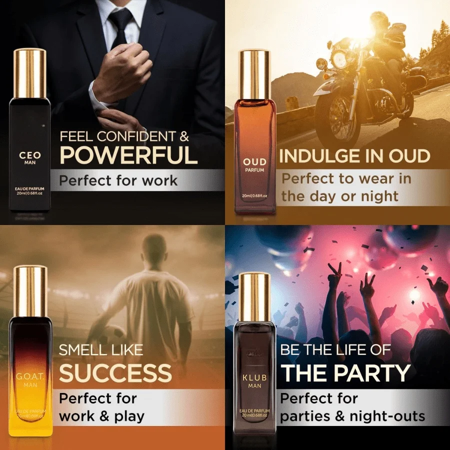 Bellavita Luxury Long-lasting Men's Fragrance Gift Set | 4 Bottles, 0.7 Oz Each | a Perfect Gift for Men | Woody, Citrus, Oud, Premium Fragrance Essence | Exclusive Brands: KLUB, OUD, CEO, G.O.A.T | Ideal Gift for Christmas and Valentine's Day