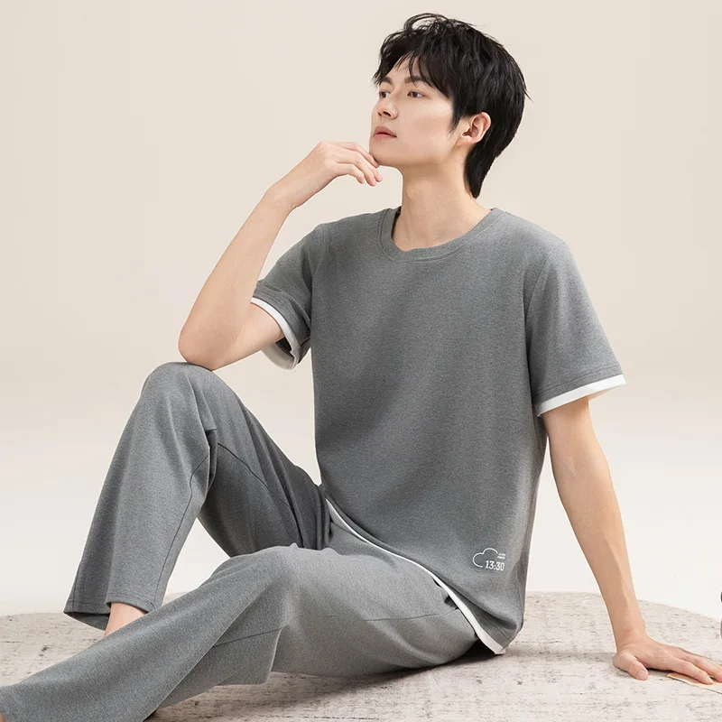 

Short sleeves Sleeping Top & Long Pant Nightwear for Men Summer Cotton Homewear O Neck Sleepwear Elegant Pajamas Set Hombre