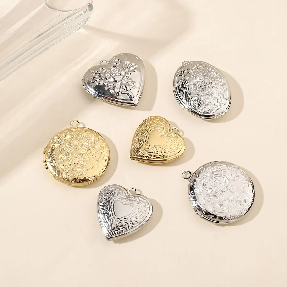 

10pcs/lot Stainless Steel Flower Pattern Heart Round Photo Frame Locket Charms Can Open for DIY Jewelry Making