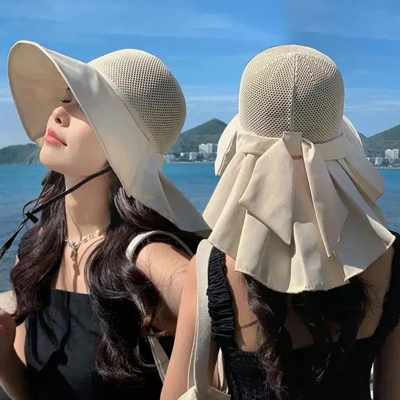 Large Brim Hollow Bucket Hats with Shawl Lightweight Mesh Neck Protection Cotton Sun Hat Summer UV Sunscreen Travel Beach Visors