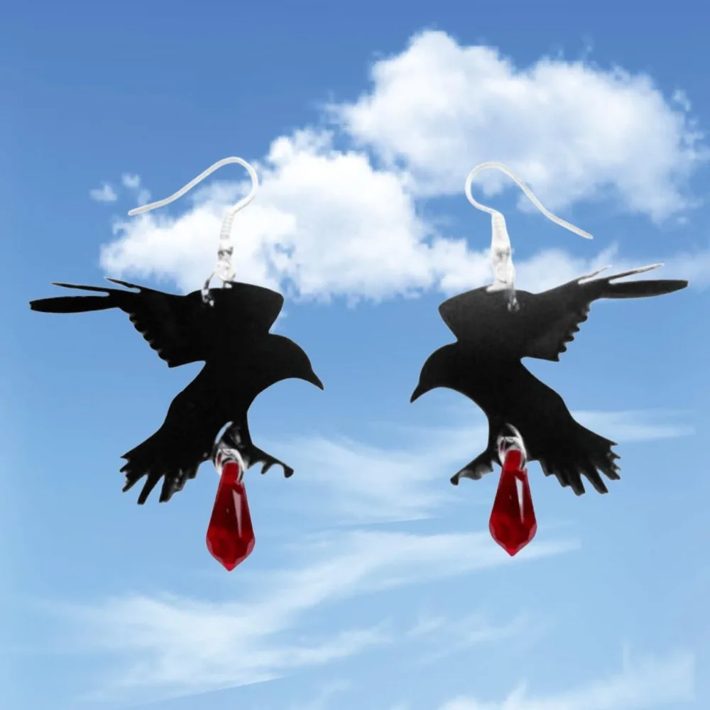 Punk Gothic Black Spread Wings Crow Red Blood Drops Dangle Earrings for Women Hallowmas Party Personality Jewelry Accessory Gift