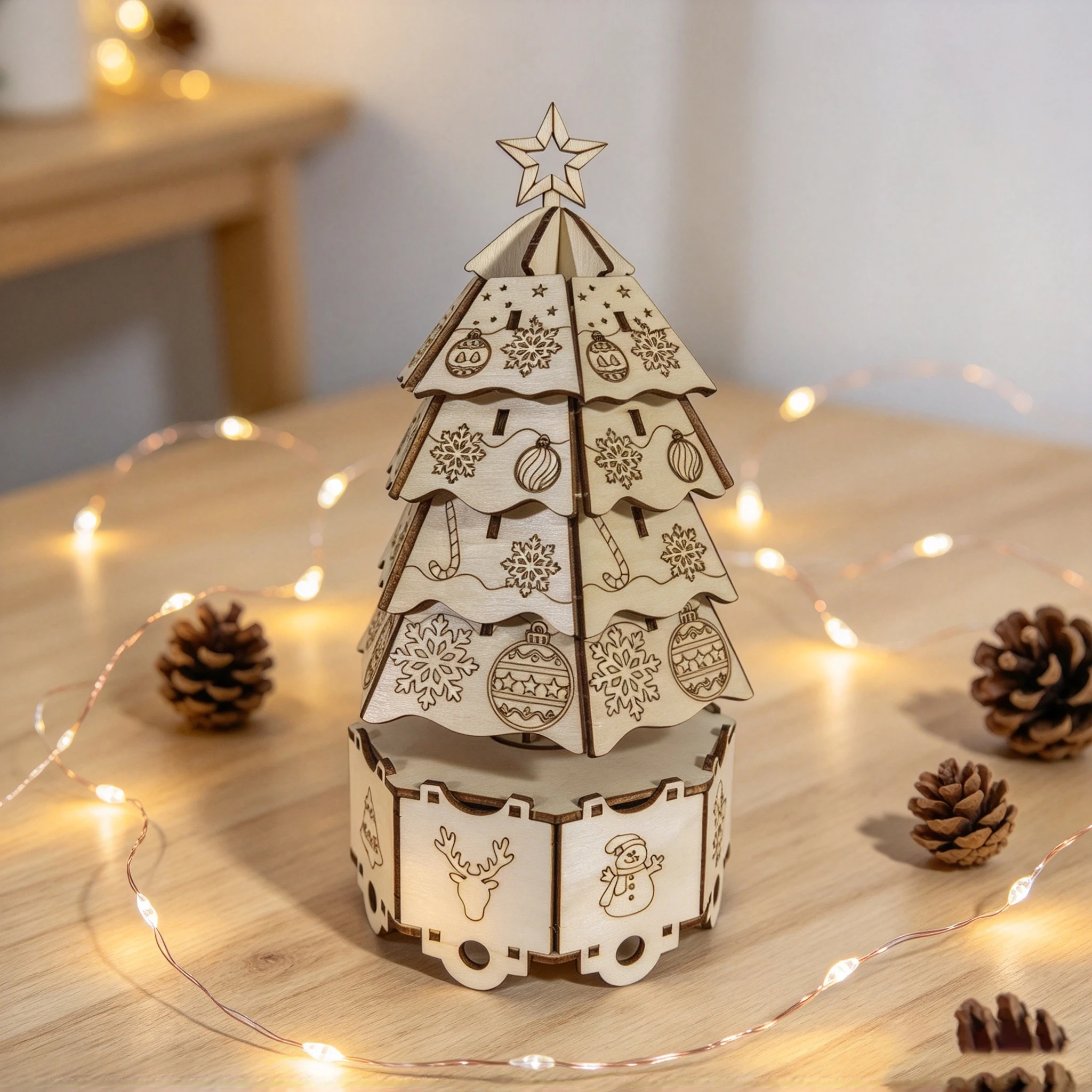 3D Wooden Christmas Tree Music Box Puzzle, DIY Assembly Ornament, Creative Holiday Table Decoration, Atmospheric Gift