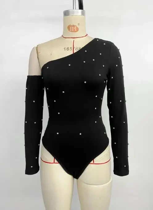 

Women's Sexy Bodysuit Autumn New Fashion Slim Spicy Girl Studded Slanted Shoulder Long Sleeve T-Shirt Jumpsuit for Women