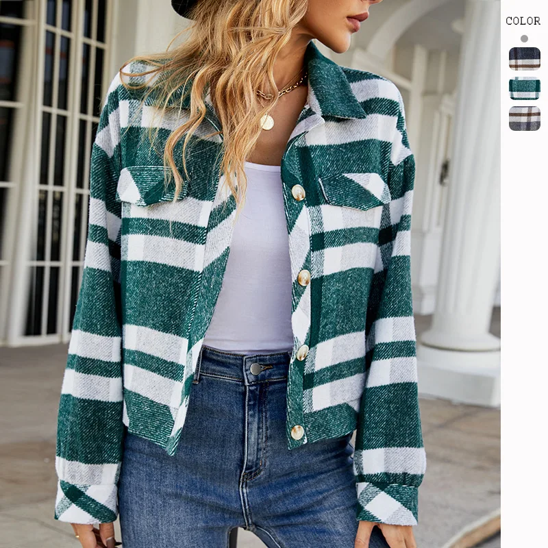 

2024 Independent Shooting Of Autumn And Winter European And American Women's Loose Collar Plaid Shirt Short Woolen Jacket Women'