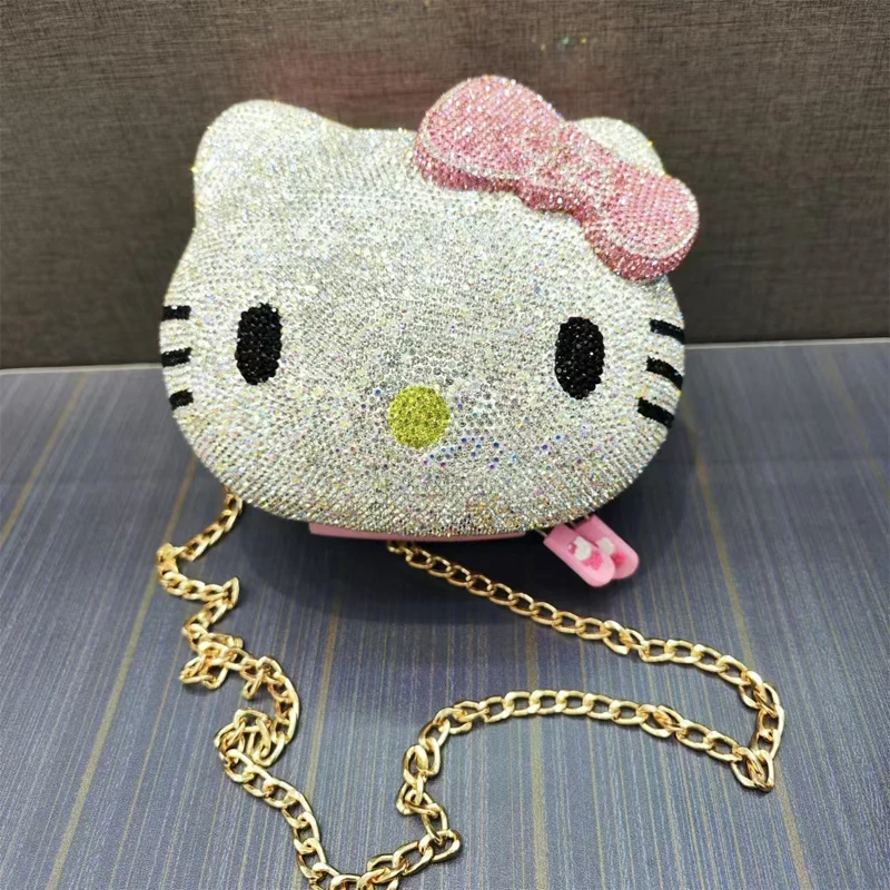 Sanrio Hello Kitty Cartoon Shape Dinner Bag Handmade Diamond Clutch Bag  Gift For Women New Anime Fashion Messenger Bag