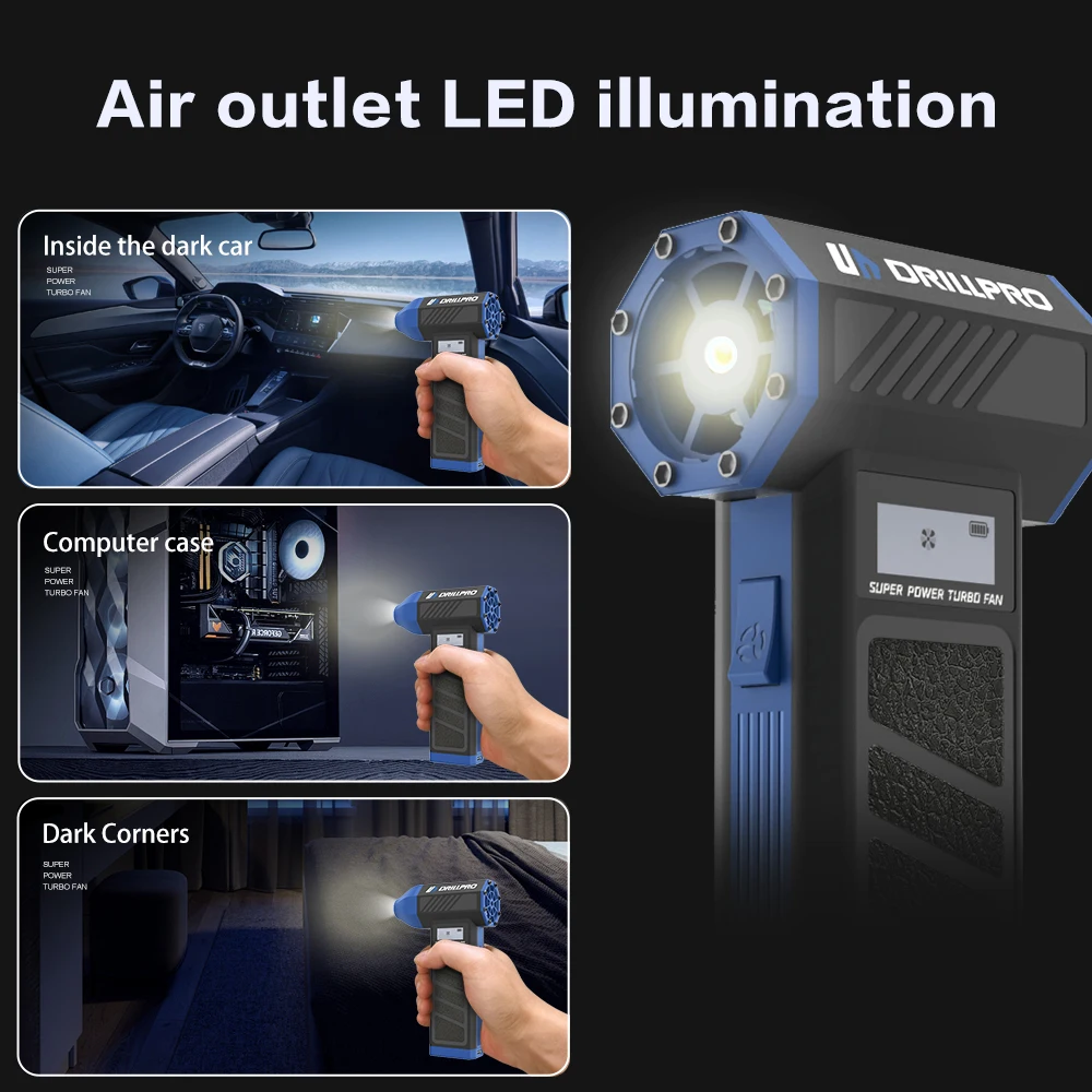 Drillpro P30 Turbo Fan 130000RPM 300g Wind Pressure with 5000mAh Battery Dual Nozzles Portable Brushless Motor High Performance