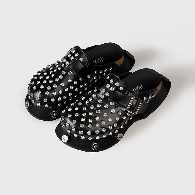 

Women Slippers Flats Thick Bottom Diamond Rivets Platform Mules Basic Close Toe Outdoor Luxury Designers Punk Black Brand Shoes