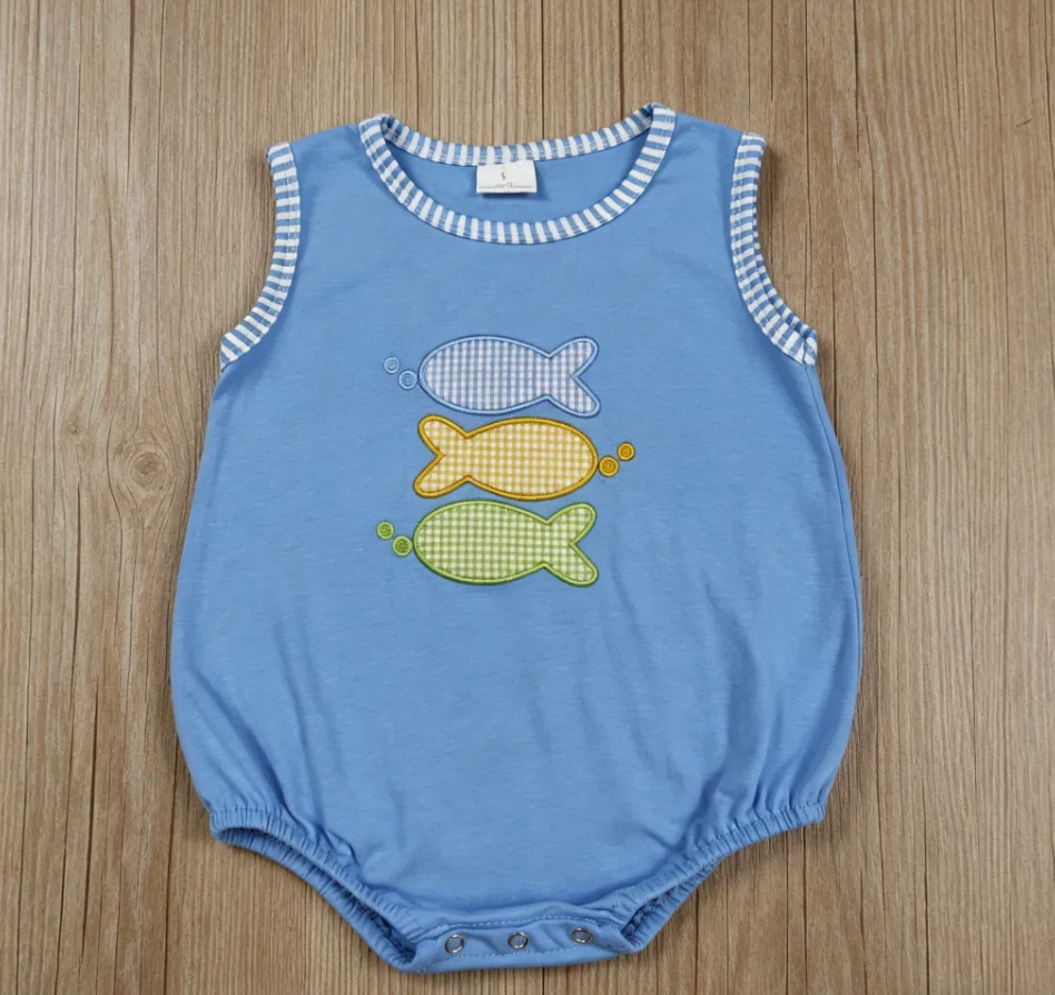 Wholesale Newborn Toddler Baby Boy Sleeveless Fish Bubble Romper Kids Children Embroidery Jumpsuit Infant Boys Blue Clothes