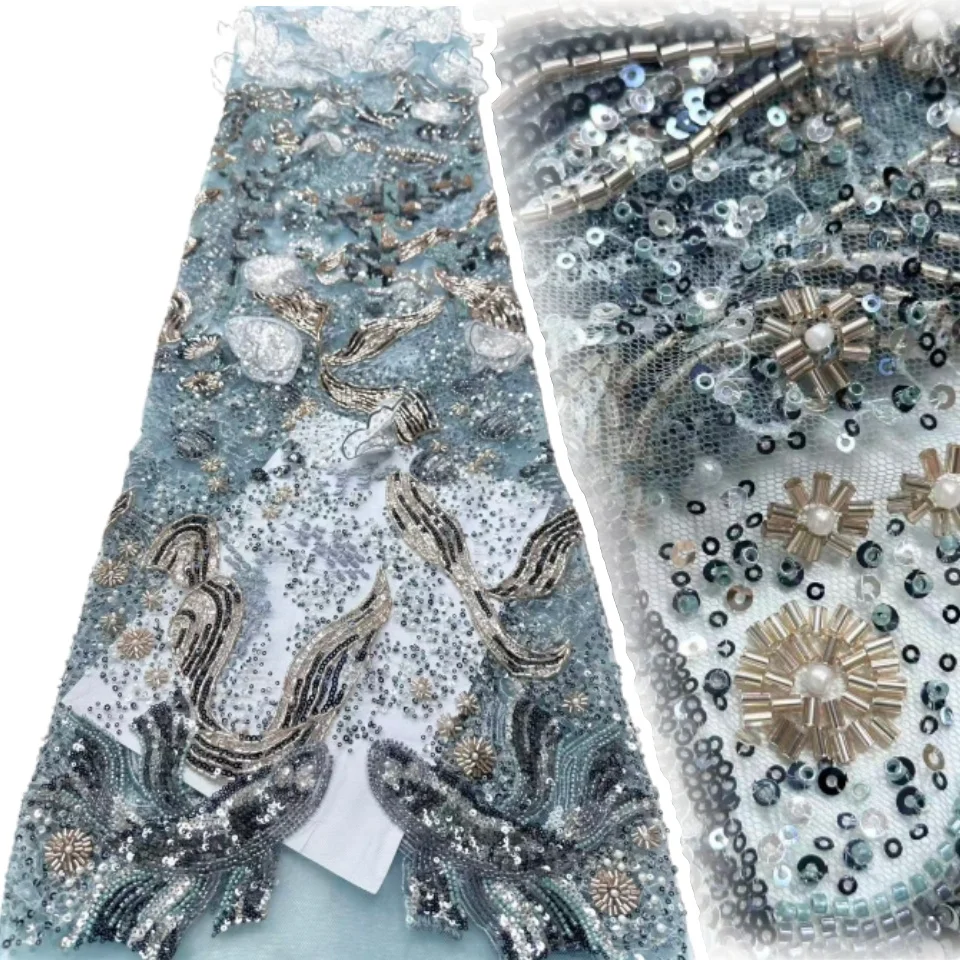 Nuovo tessuto africano di pizzo con perline pesanti 2025 tessuto di tulle francese di pizzo con paillettes nigeriane di alta qualità per abito da cerimonia nuziale SZ1419
