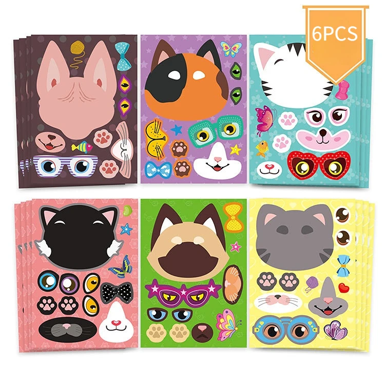 6Pcs/set Cartoon Cat Makeup Stickers Diy Jigsaw Puzzle Children's Game Stickers Girls Like Style Children Education DIY Sticker