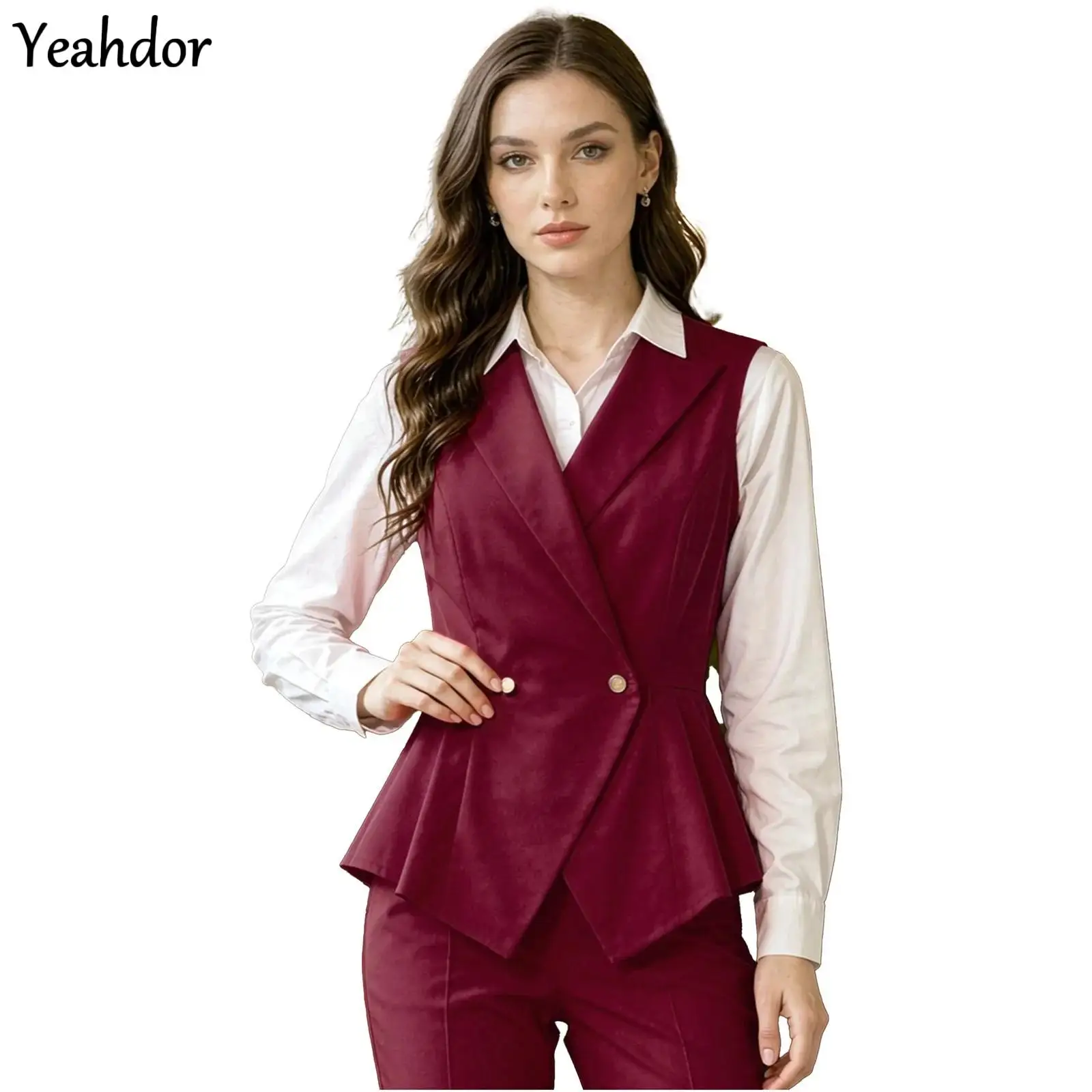 Women Vintage Lapel Collar Suit Vest Sleeveless Pleated Peplum Waistcoat Jacket for Business Office Work Stage Band Performance