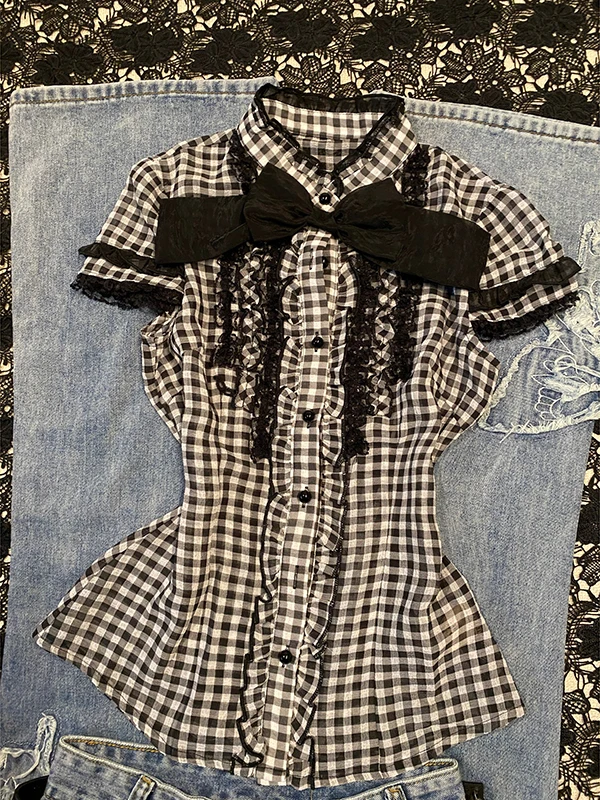 Bla Plaid ort Sve irt Vintage Summer Women's Faion Stand Collar Top Cotton Blend Regular Fit irt Korean Sle