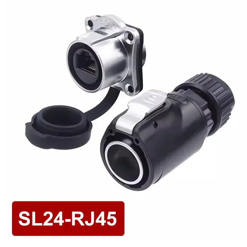 SL24-RJ45 LP24 Waterproof Connector Dual-Port Industrial CAT6 Gigabit Ethernet Cable Copper-Plated Silver Aviation Plug Terminal