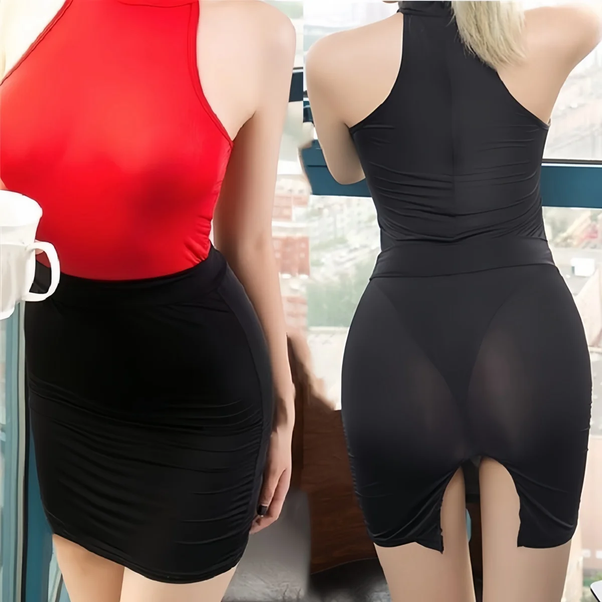 

Fashion See Through Sexy Cut Out Side Split Ultra Short Mini Skirts Night Club Wear Wrap Hips Black White Pencil Skirt for Women