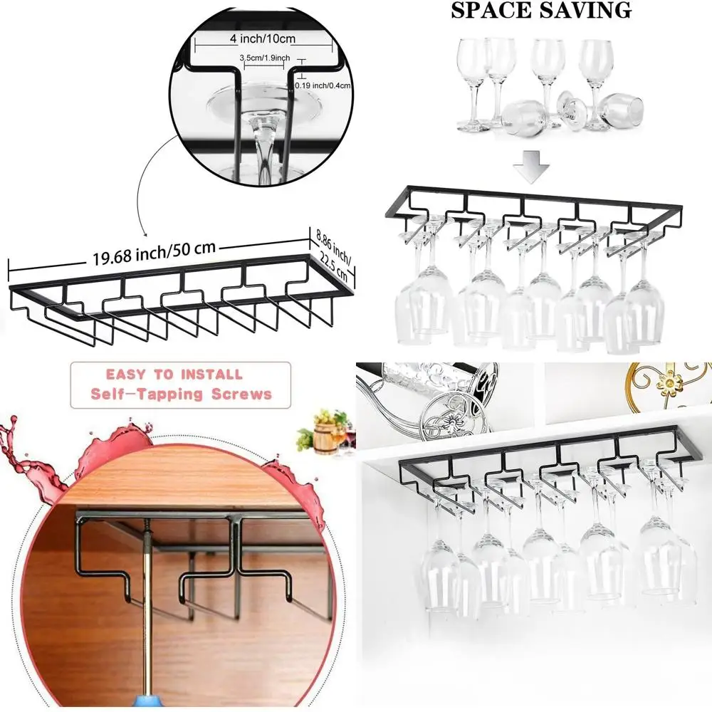 

Dual-Tier Under-Cabinet Wine Glass Rack, 5-Row Metal Stemware Holder, Black Organizer for Kitchen Bar