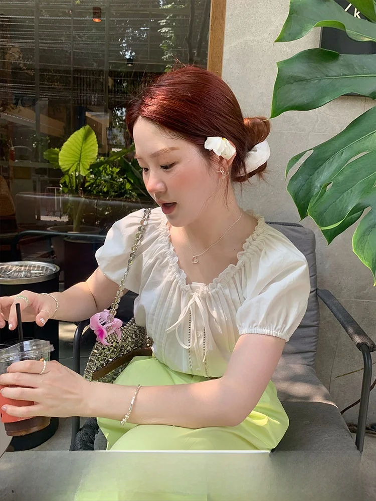 

Корейская женская повседневная свободная блузка с цветочным кружевом и рукавами-фонариками, из дышащего хлопка, летняя