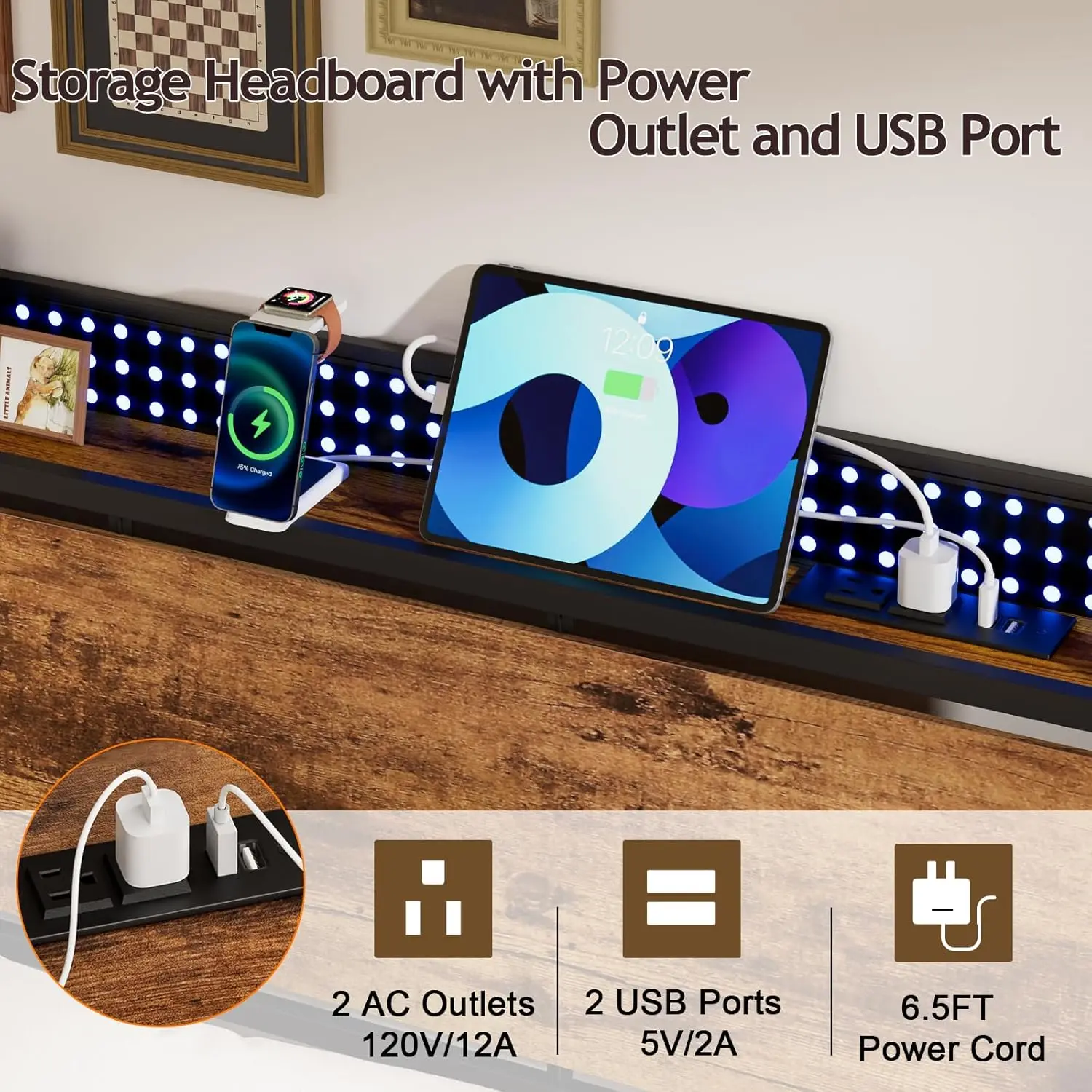 إطار سرير كوين مع لوح أمامي للتخزين، منفذ USB، دعم معدني من الخشب الريفي، لا حاجة إلى صندوق زنبركي