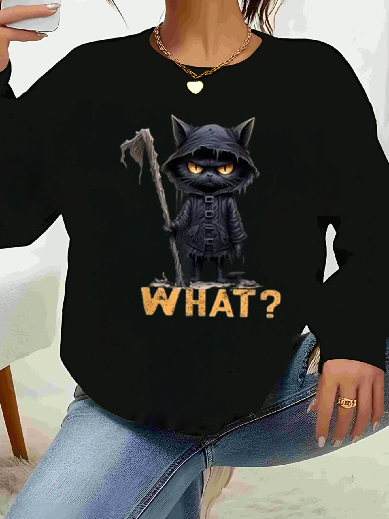 Cat Reaper What 할로윈 긴 소매 스웨트 셔츠 캐주얼웨어 여성