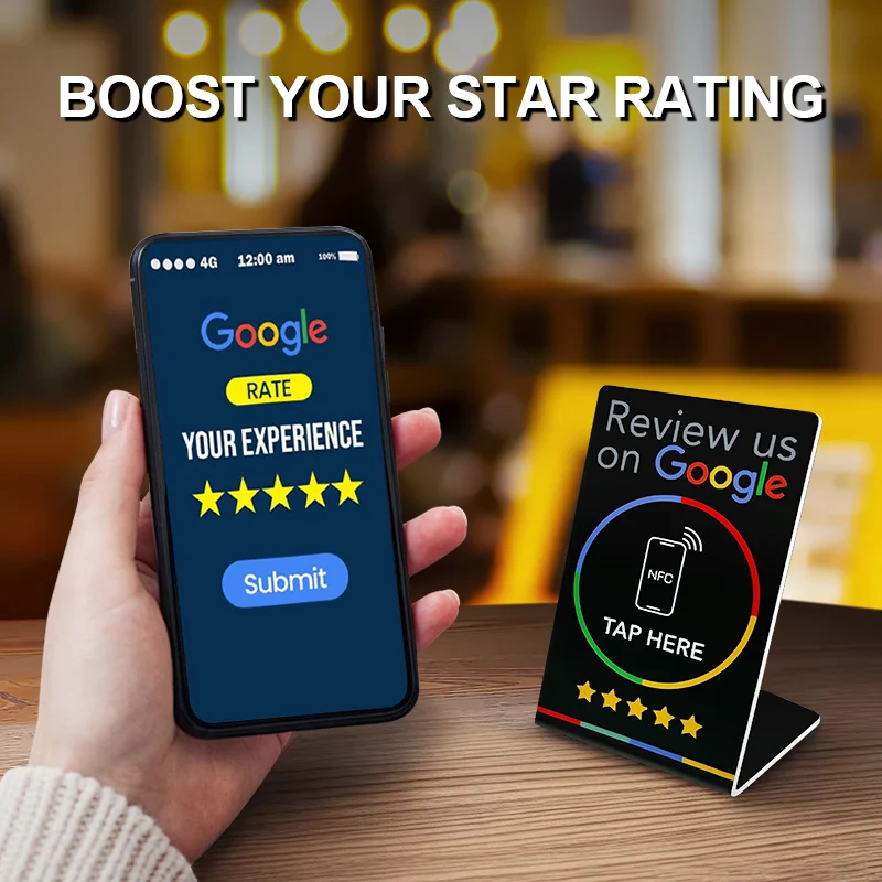 

nfc Card for Google Review NFC station table NFC 13.56Mhz Programmable Reviews display bending card standing brand bracket
