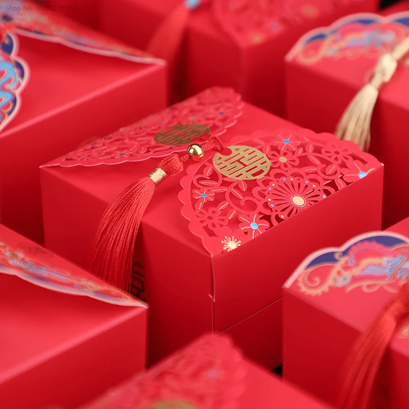 50pcs Wedding Gifts for Guests Mariage Paper Chocolate Packaging Box Retro Red Chinese Style Candy Boxes Boite Gateau Mariage