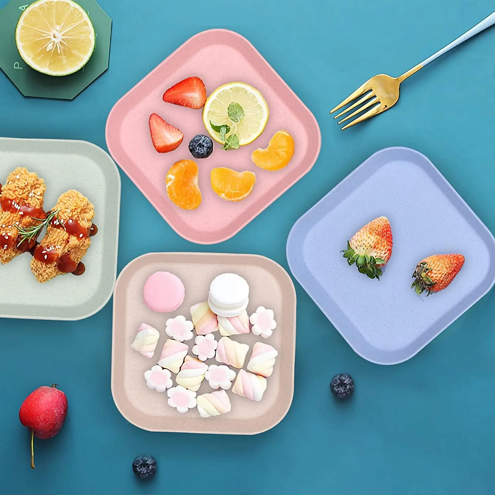 -A25M 4 قطع 15 سم أطباق مربعة من قش القمح خفيفة الوزن وغير قابلة للكسر أطباق أدوات مائدة صغيرة قابلة لإعادة الاستخدام أطباق مربعة