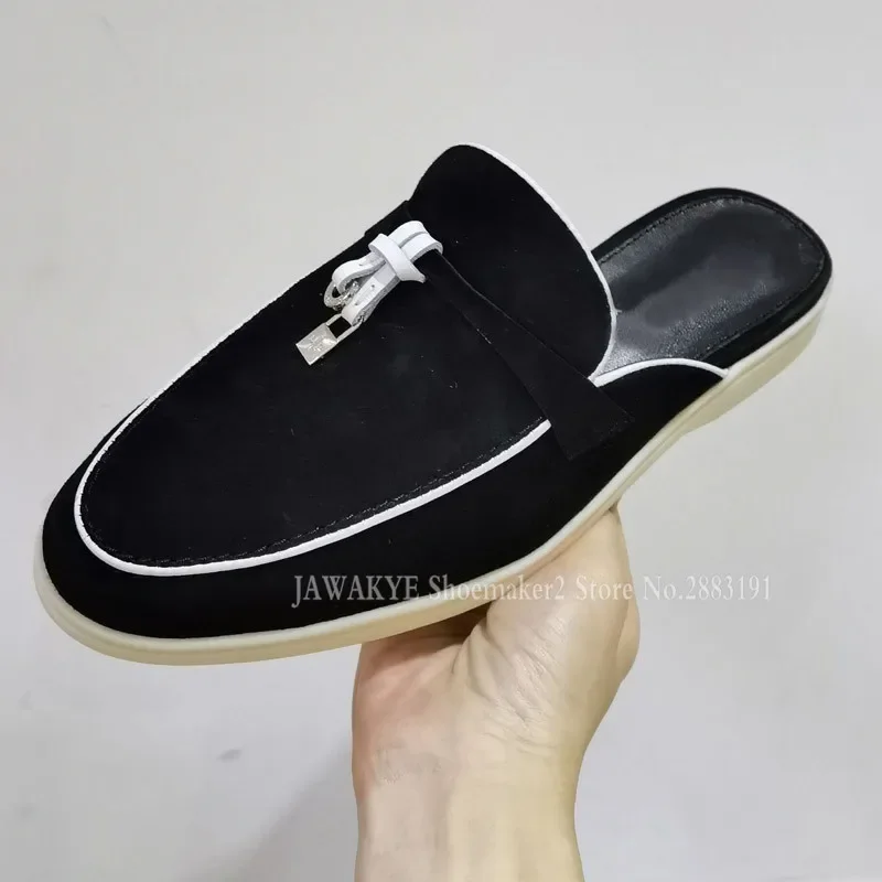 2024 New Leather Tassel Women Flat Mules Summer Walk Slides Suede Closed Toe Half Loafers Surround Comfort Casual Slippers Woman