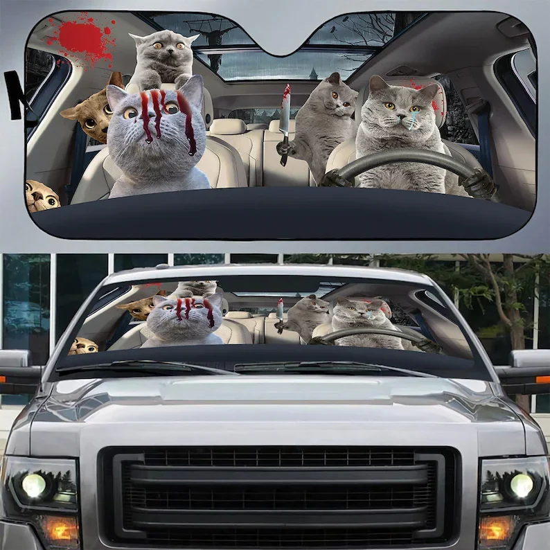 

British shorthair Cat Scary Blood Halloween Windshield Sunshade, Cat Halloween Car Sunshade, Halloween Gift Idea, Halloween Gift