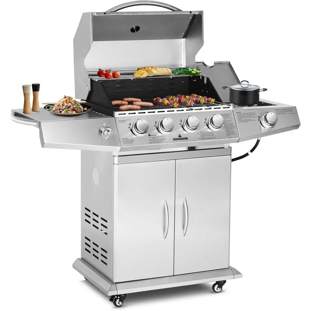 

4-Burner Propane Gas Grill with Side Burner, Stainless Steel Cart on Wheels for Outdoor Patio and Backyard BBQ Cooking