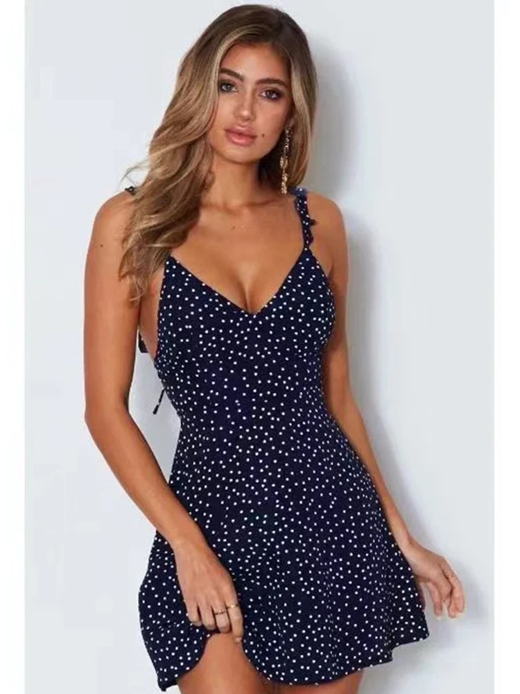 Seksowna sukienka mini w kropki z dekoltem w serek, damska letnia moda boho, cienkie ramiączka spaghetti, dopasowana sukienka w kształcie litery A, sukienka na plażę, imprezę, streetwear, damskie vestidos