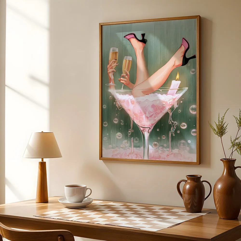 Vintage Abstract Wine Glass High Heels Lady Trendy Home Decor, Fun Canvas Poster Wall Hanging, Aesthetic Design For Living Room