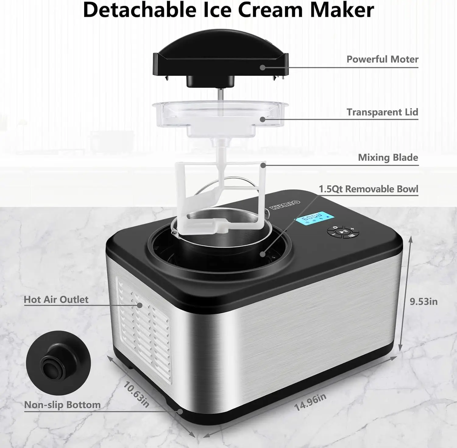 1.6-Quart Ice Cream Maker with Compressor, No Pre-Freezing, 4 Modes Ice Cream Maker Machine with LCD Display, Timer, Autom