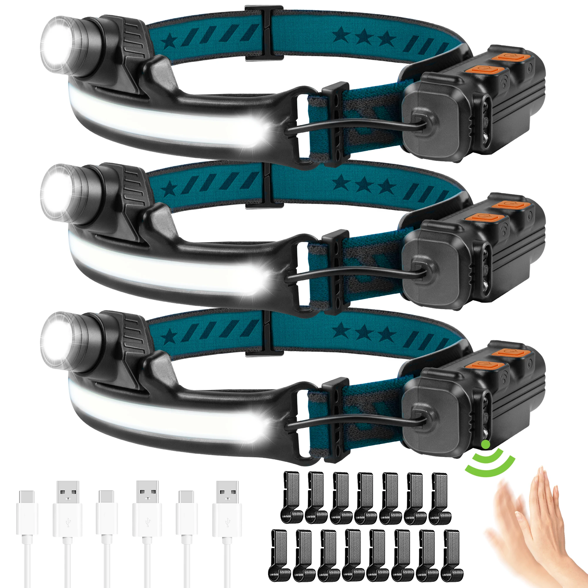COB+XPG LED Head Lamp Sensor Headlamp Flashlight USB Rechargeable Head Torch 6 Lighting Modes Head Light with Built-in Battery