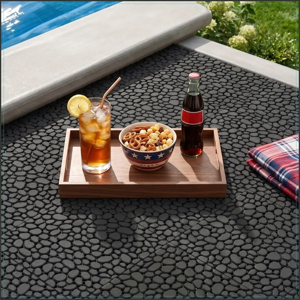 Plastic Interlocking Cobbled Stone Tile 12x12 inch 60PCS Black for Garden Patio Walkway