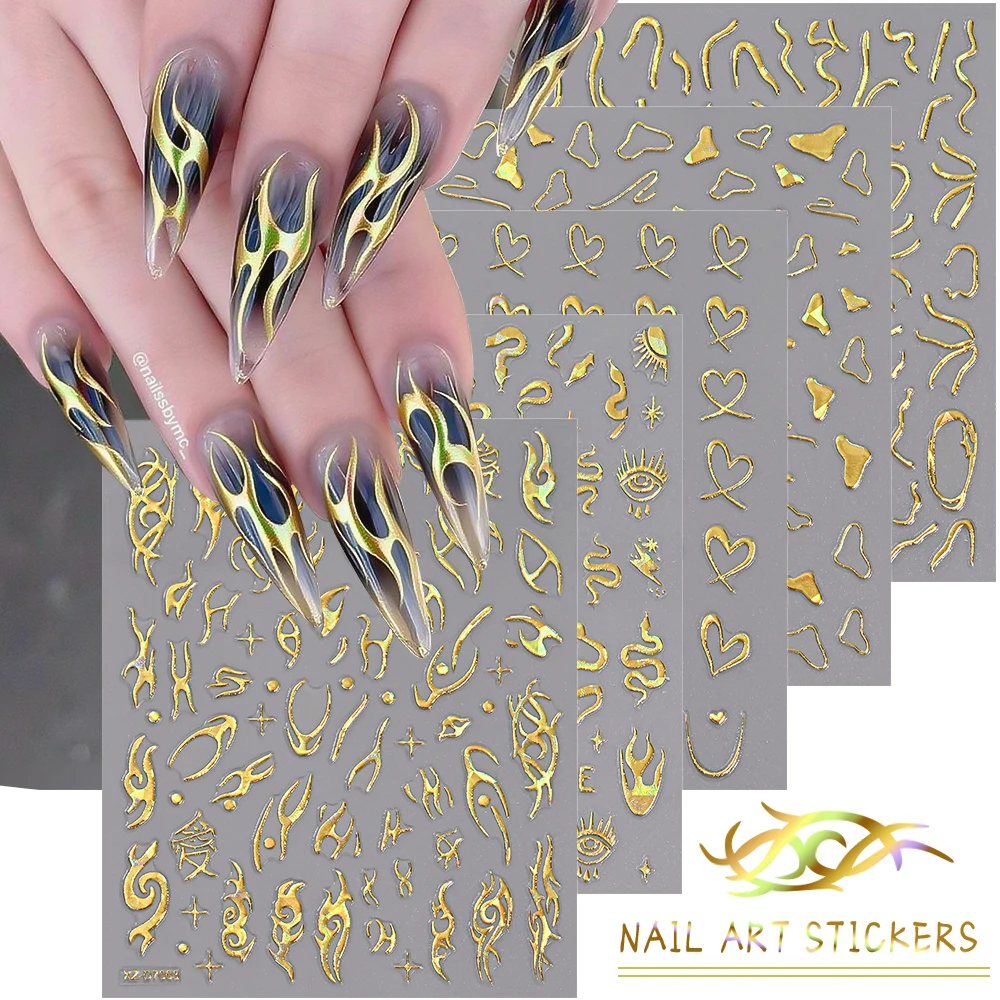 12 قطعة ثلاثية الأبعاد الليزر الذهب فريش لهب نمط ملصقات الأظافر الحب القلب مسمار الفن ملصقات DIY بها بنفسك النار لهب القلب خطوط مانيكير صائق #1