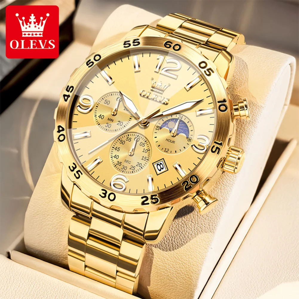 

OLEVS 3678 Мужские кварцевые часы из нержавеющей стали Водонепроницаемые светящиеся фазы Луны с автоматической функцией даты Модные мужские часы