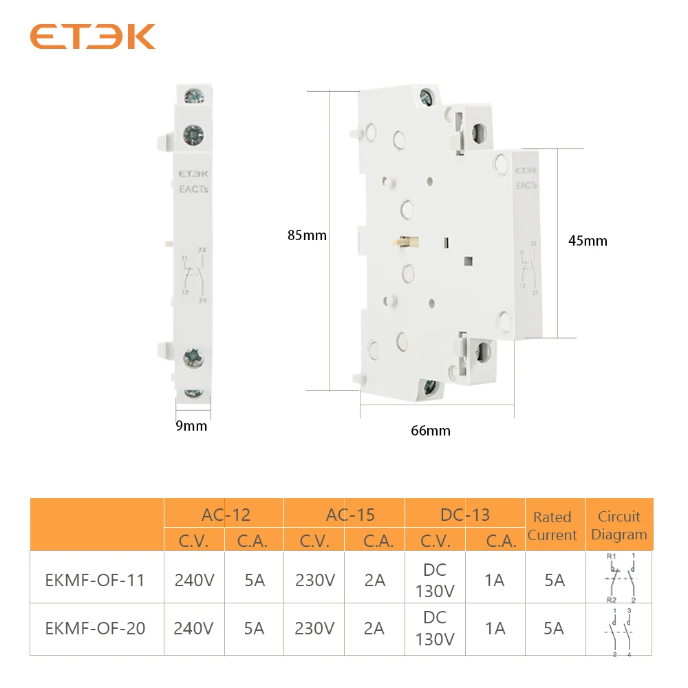 ETEK O+F Auxiliary Contacts for EKMF Modular Contactor AC  2NO or 1NO1NC EACTs