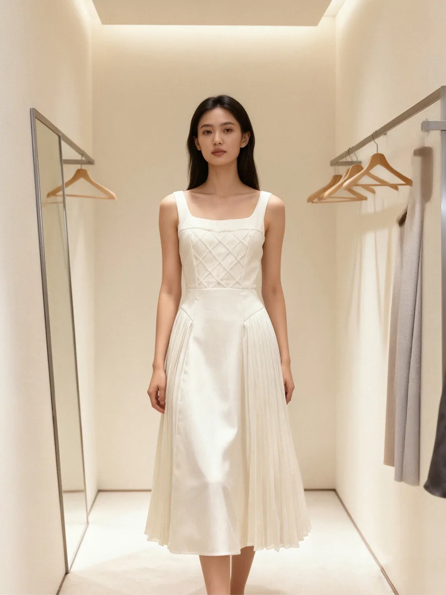 

Women White Elegant Sleeveless Square Neck Quilted Bodice Satin Dress Chic Pleated Grace Bridal Garden Receptions Formal Dresses