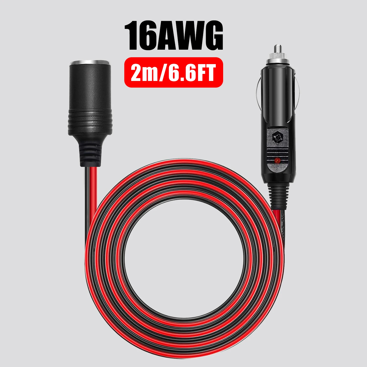 Automobile Car Cigarette Lighter Extension Cord 16AWG Male to Female with LED Light 15A Fuse, 2M for Car Charger Pump