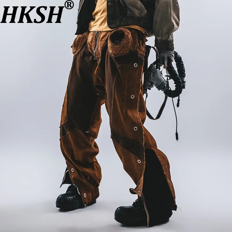 HKSH 2026 Spring New Men Punk Waste Land Zippers Pockets Design Vintage Washed Silhouette Safari Style Dark Cargo Pants HK17062