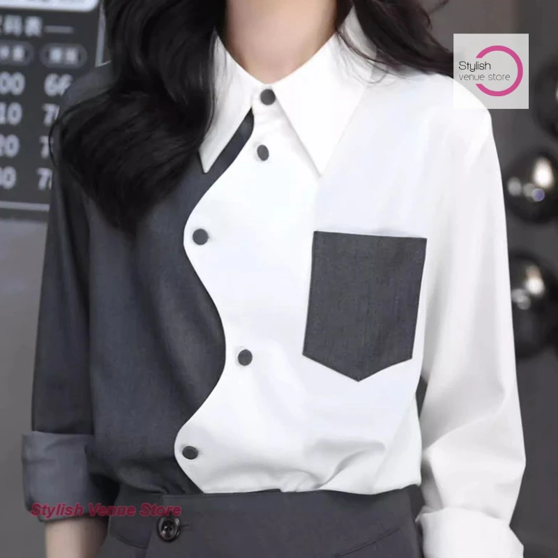 

Korean style fashionable and irregular design sense stitching shirt women's new versatile casual top in spring and autumn